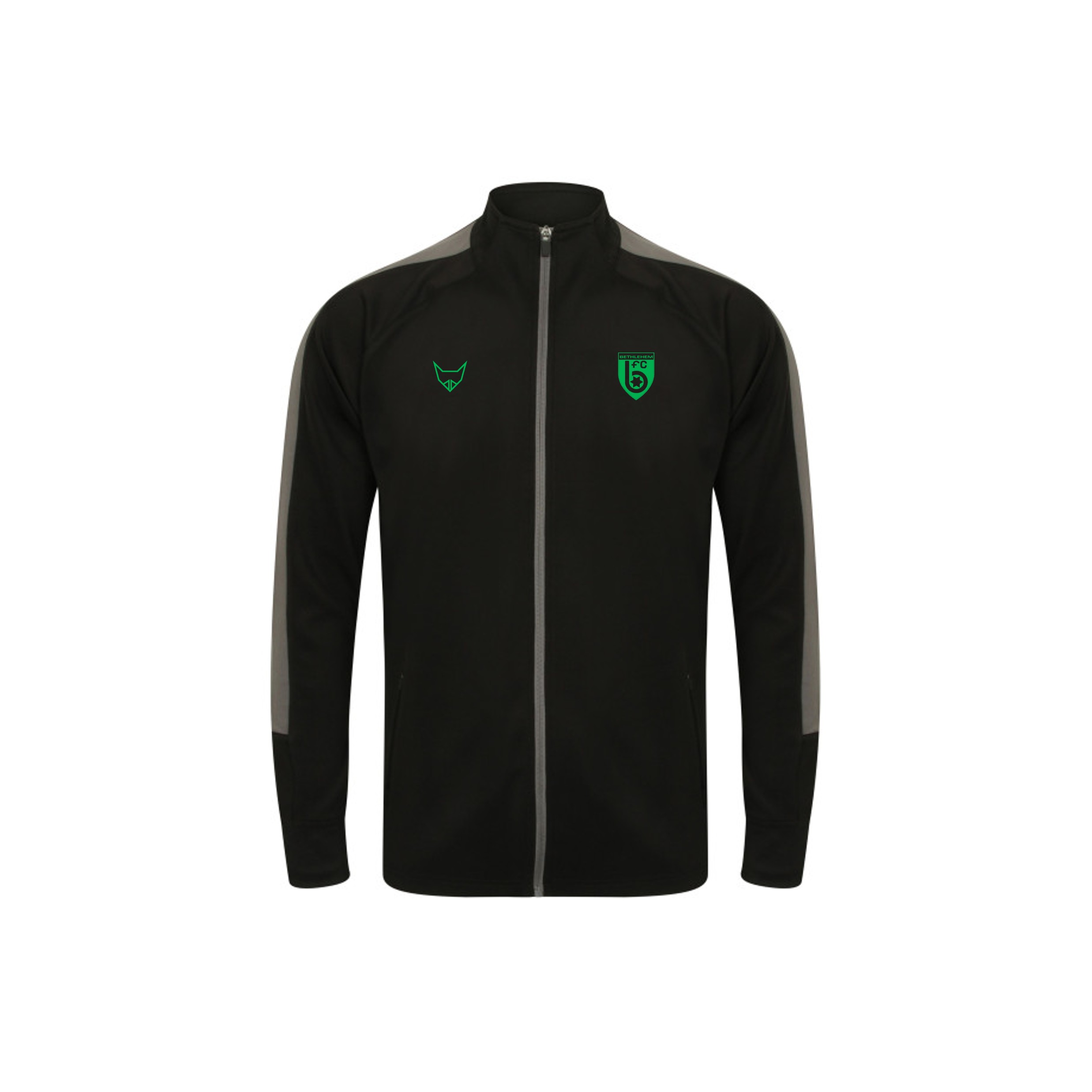 Vordere Ansicht schwarze Trainingsjacke mit Logo