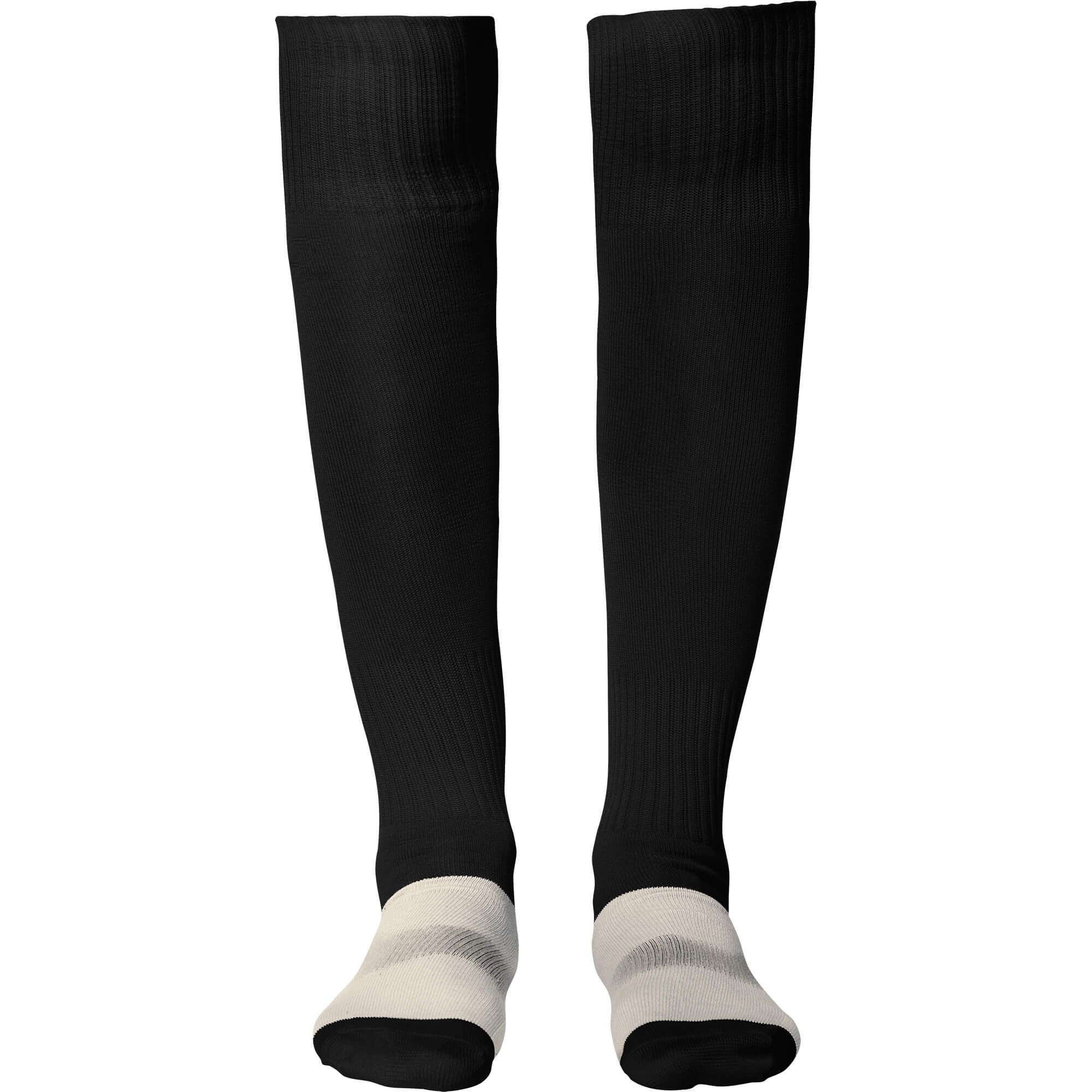 Ein Paar schwarze Kniestrümpfe mit weißen Fußbereichen, ideal für sportliche Aktivitäten.