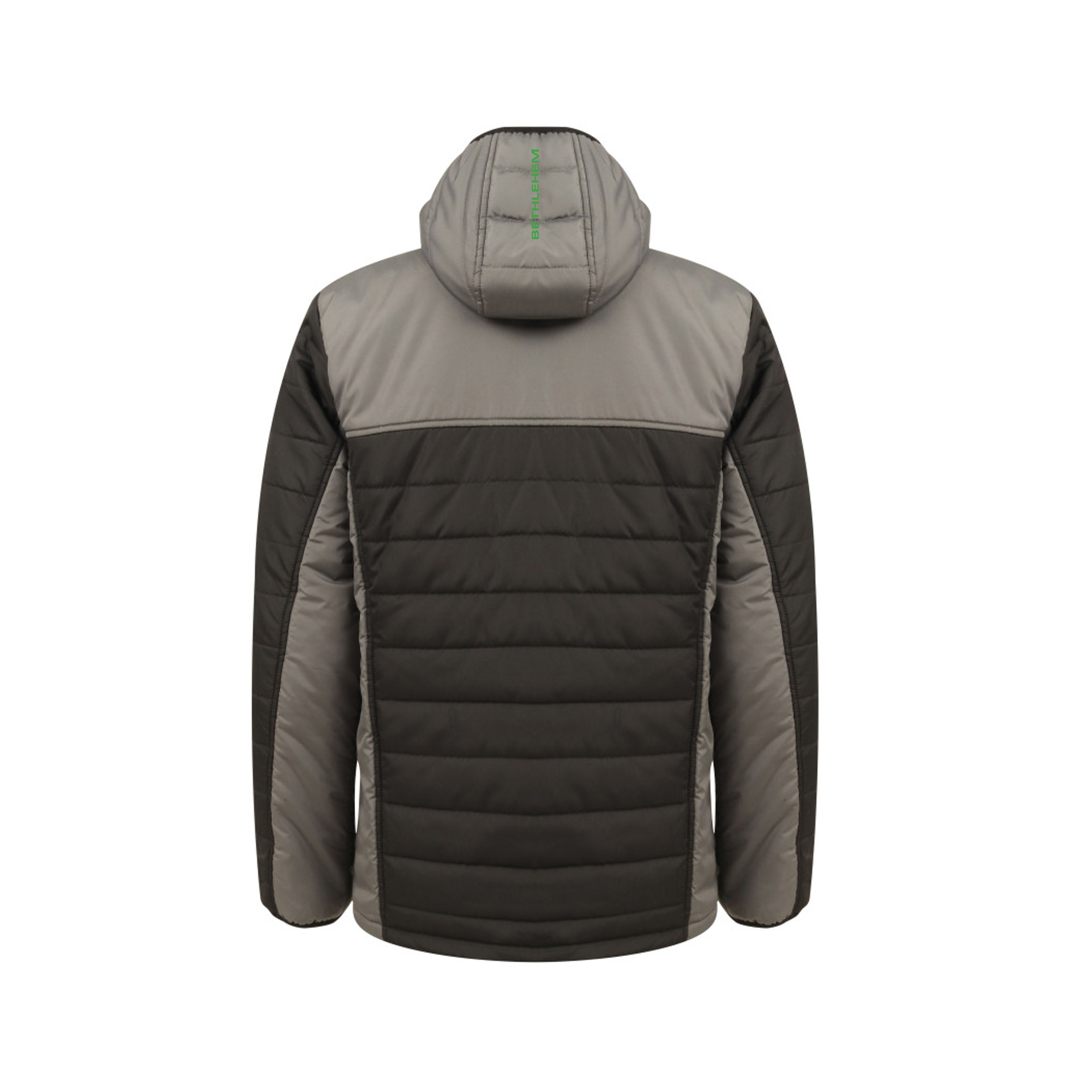 Rückansicht einer zweifarbigen Herren Steppjacke mit Kapuze