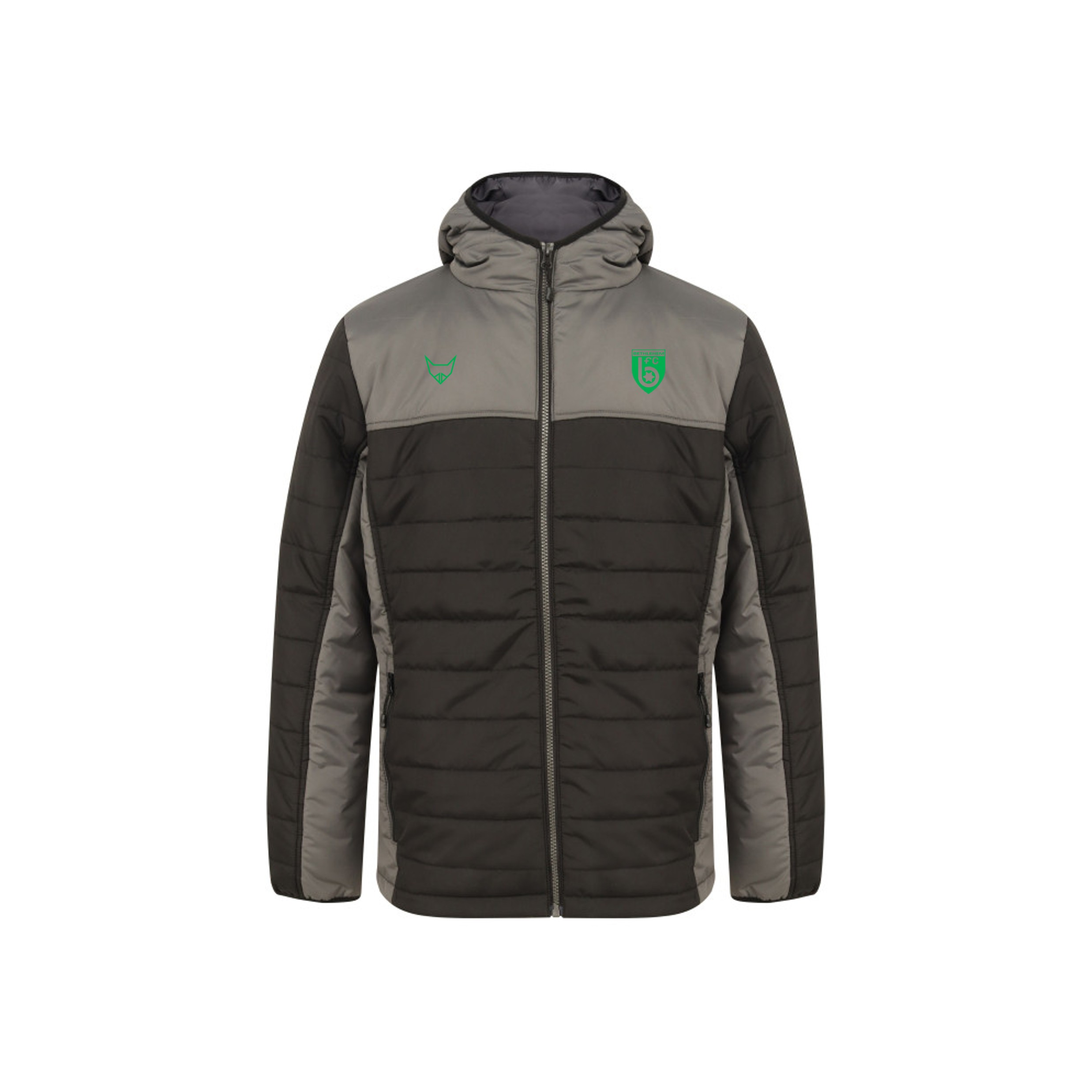 Zweifarbige Steppjacke mit Kapuze und Logo vorne
