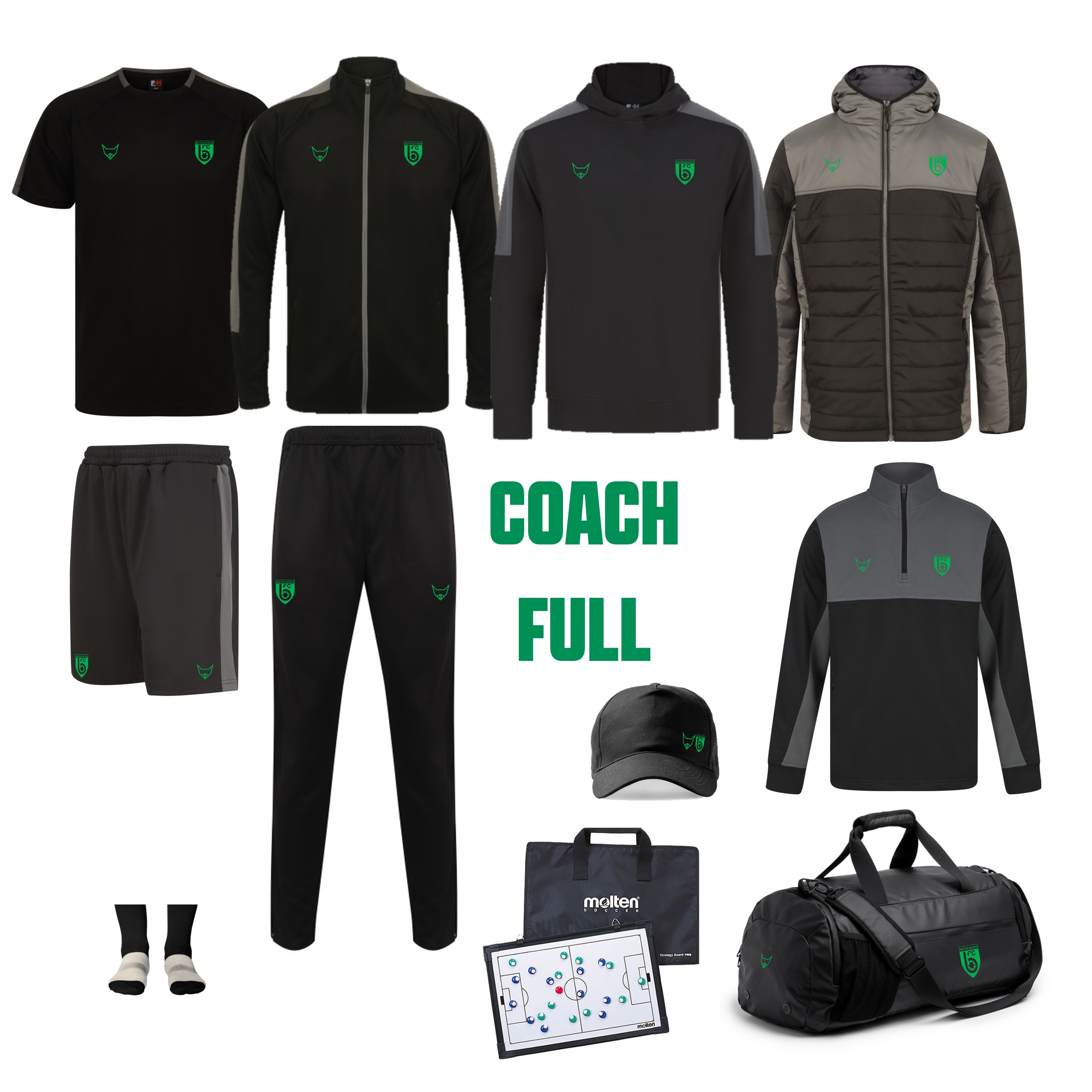 Schwarzes Fußball Trainer Outfit Set mit Zubehör