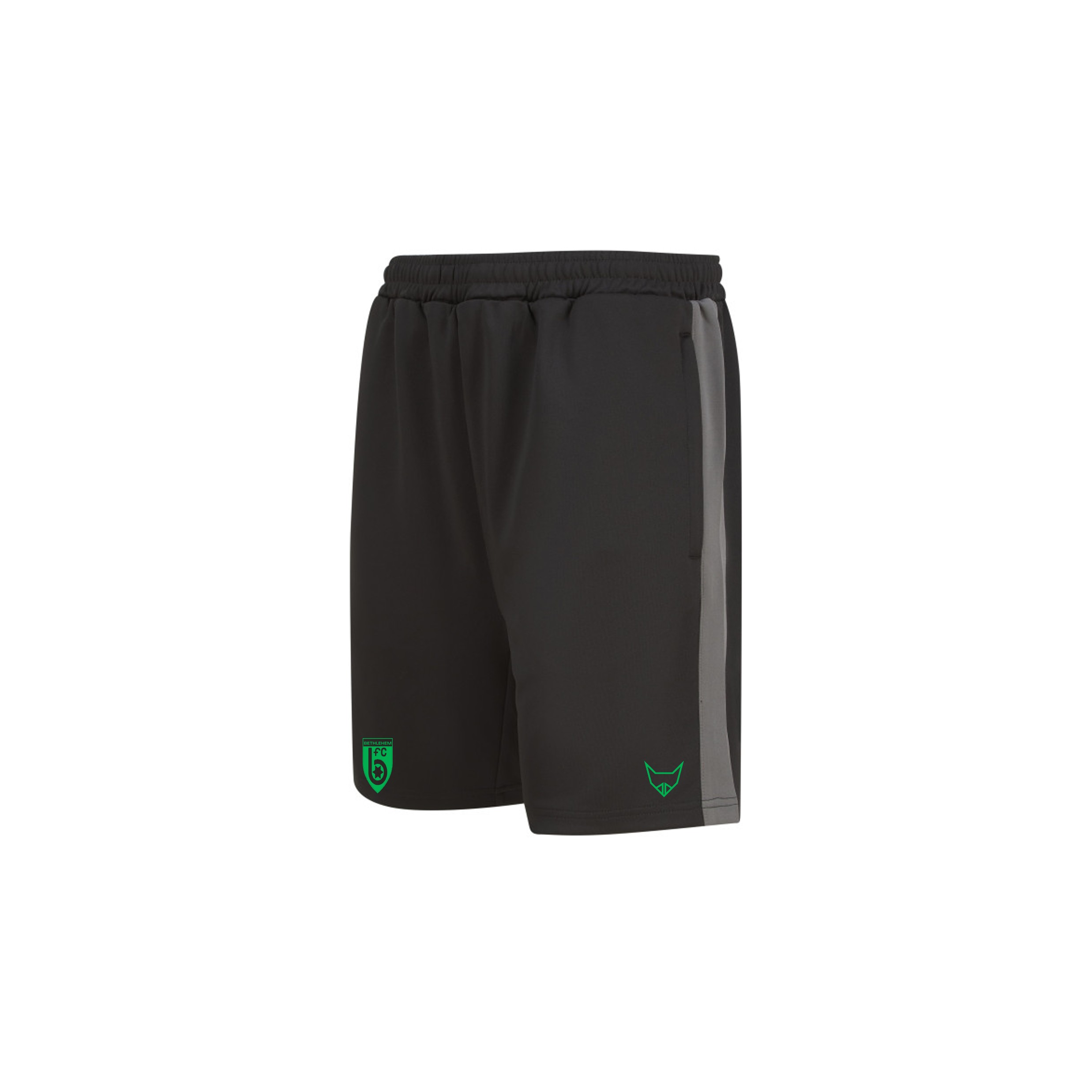 Schwarze Sportshorts mit grauem Streifen und grünem Logo
