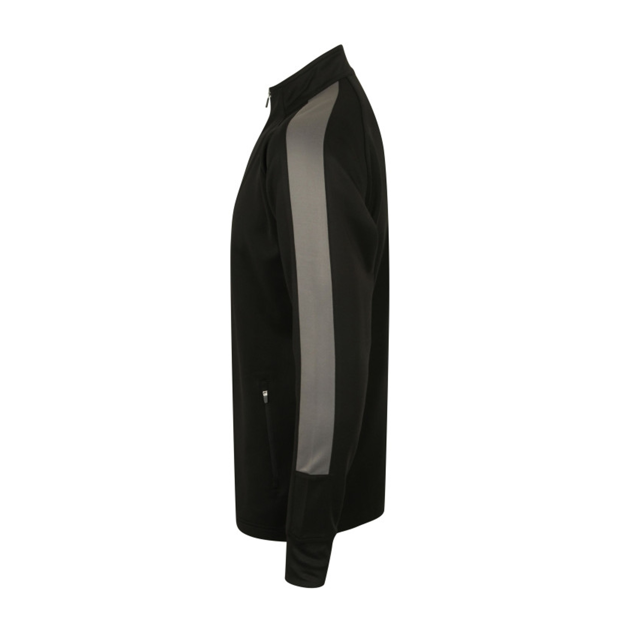 Seitenansicht schwarze Trainingsjacke mit Streifen