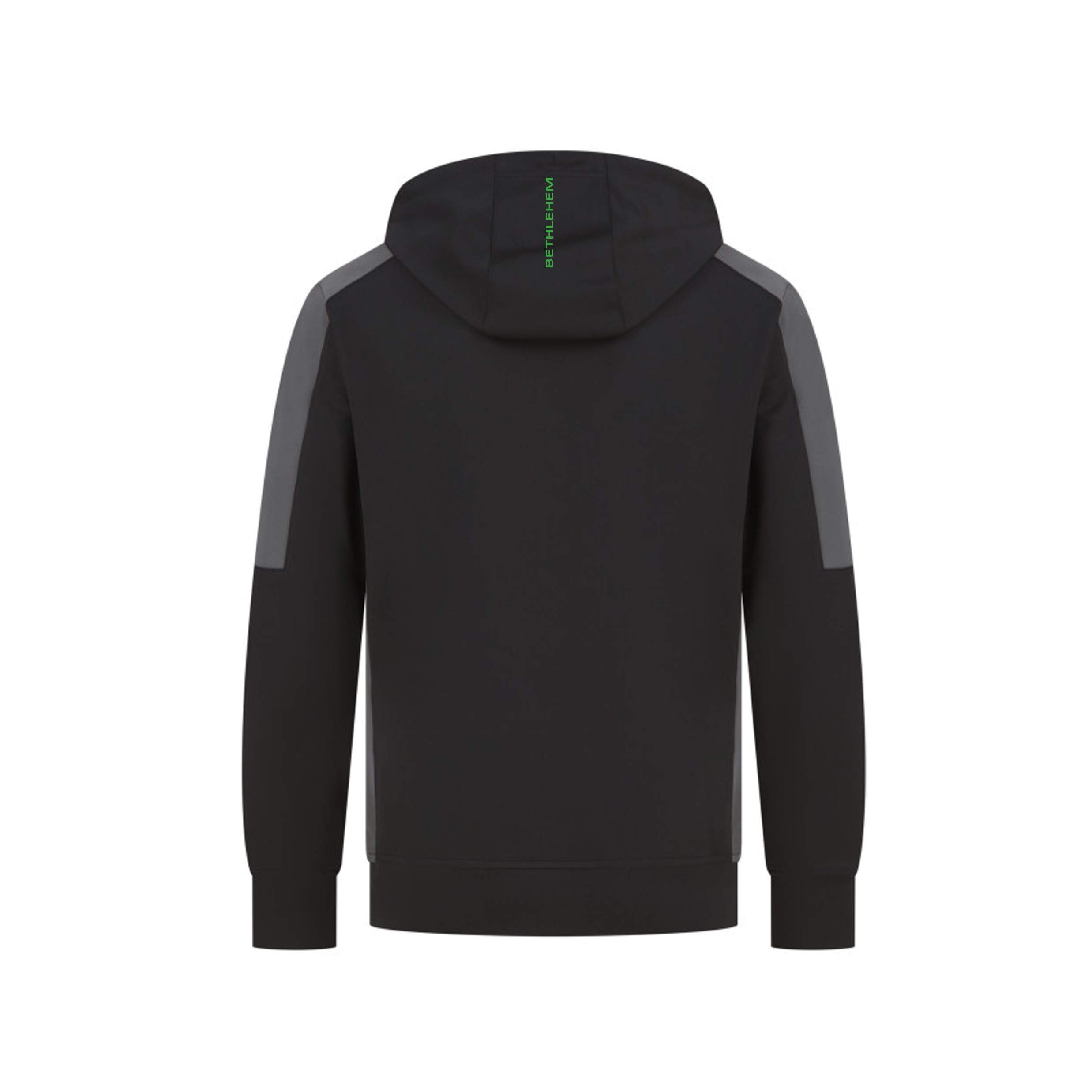 Rückansicht schwarzer Hoodie mit grauen Ärmel-Panels