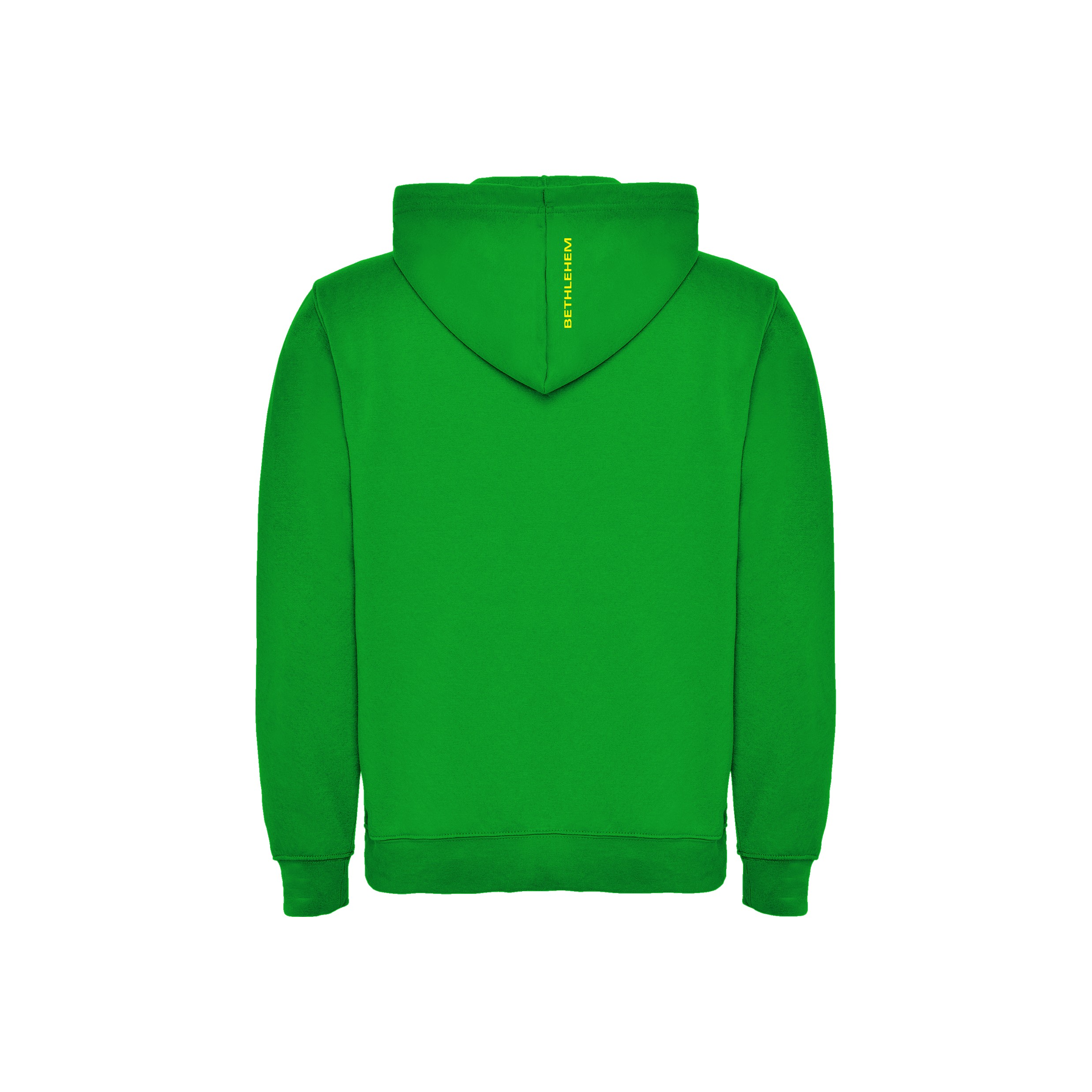 Rückansicht eines grünen Hoodies mit Kapuze